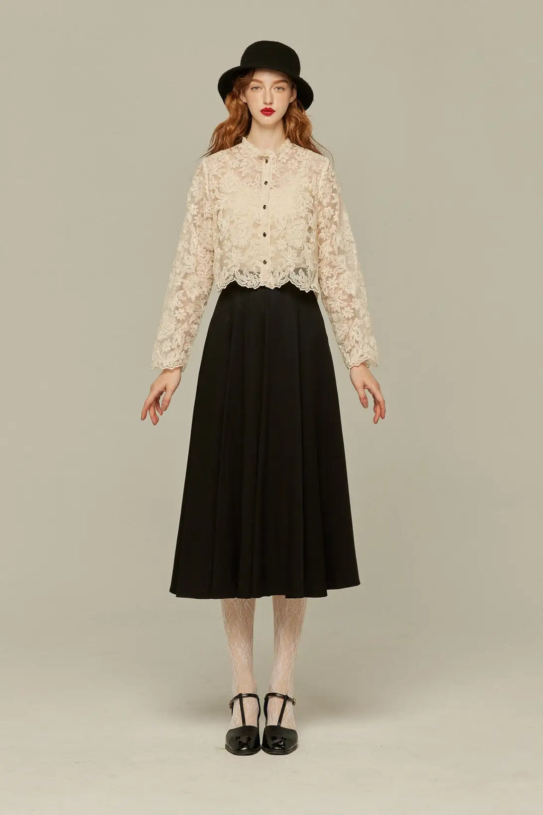 【美品】tnewties レース ロングスカート ソフィアの入れ歯》インナー付きフラワーレースブラウス-Cream