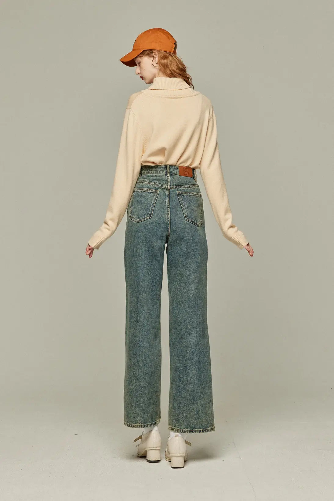 《Watching a soccer match》 High waist straight denim pants-Blue