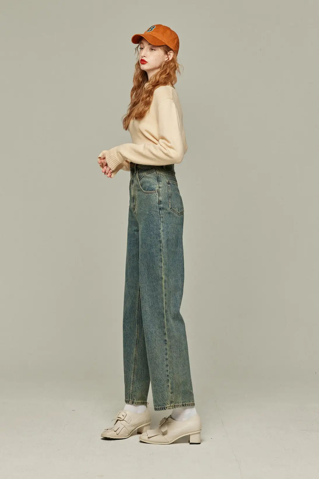 《Watching a soccer match》 High waist straight denim pants-Blue
