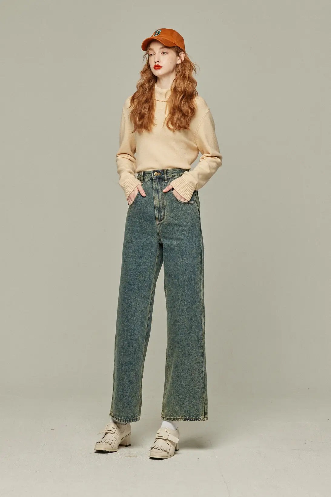 《Watching a soccer match》 High waist straight denim pants-Blue