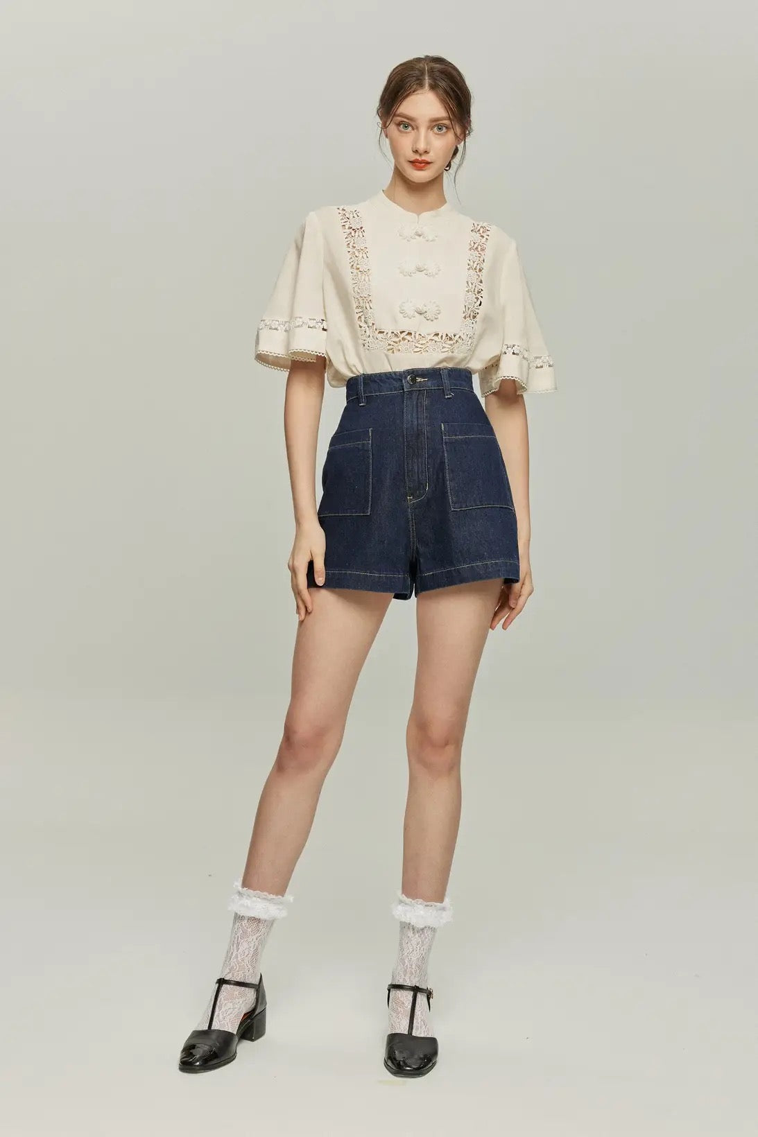 《Where can I find free sweets?》High waist short denim pants-Navy