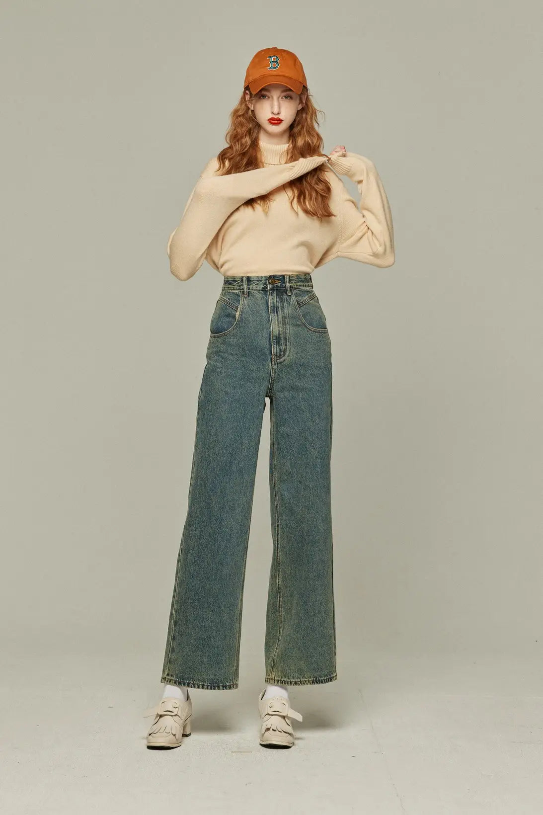 《Watching a soccer match》 High waist straight denim pants-Blue
