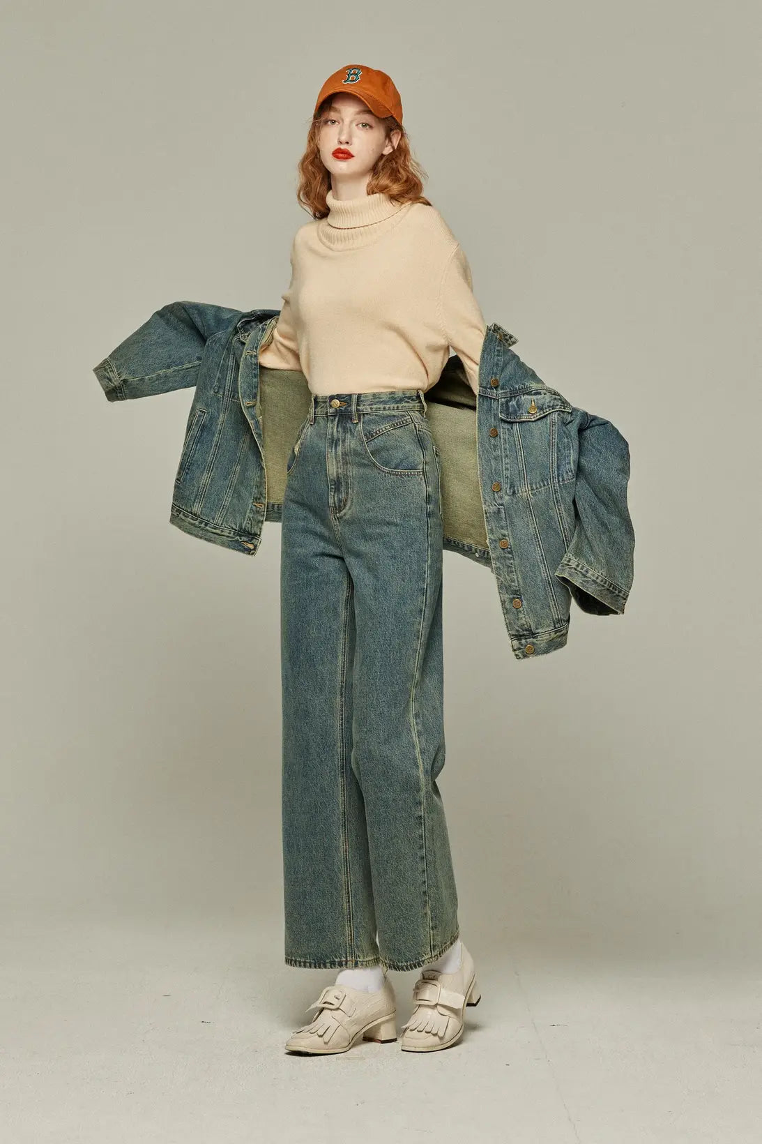 《Watching a soccer match》 High waist straight denim pants-Blue