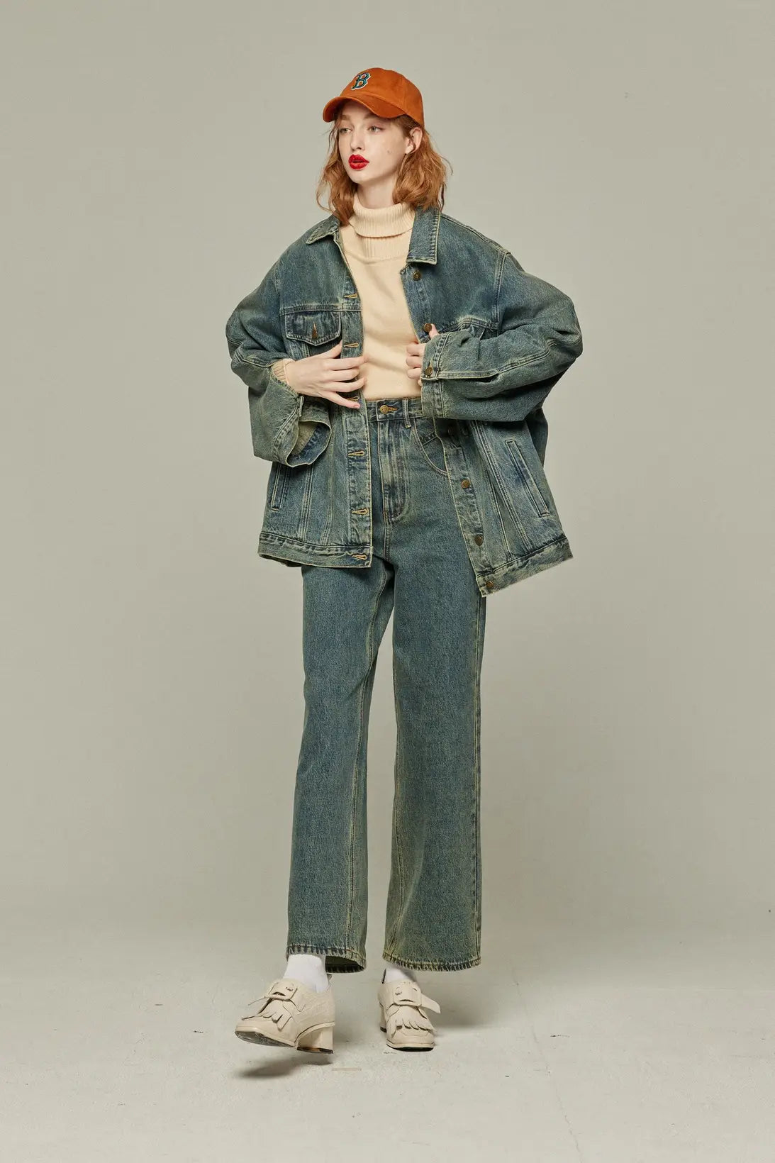 《Watching a soccer match》 High waist straight denim pants-Blue