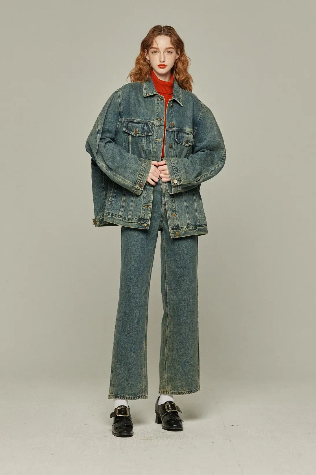 《Watching a soccer match》 High waist straight denim pants-Blue