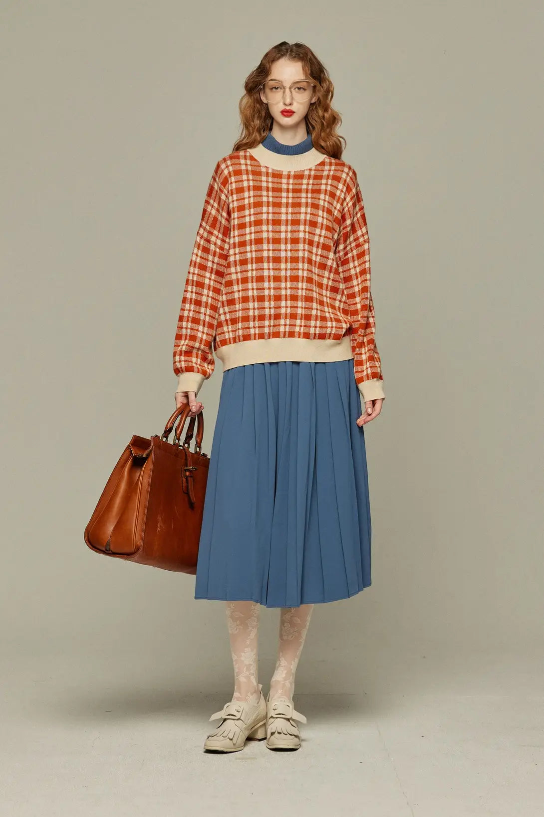 《Strawberry jam attached》Retro check sweater-Orange red