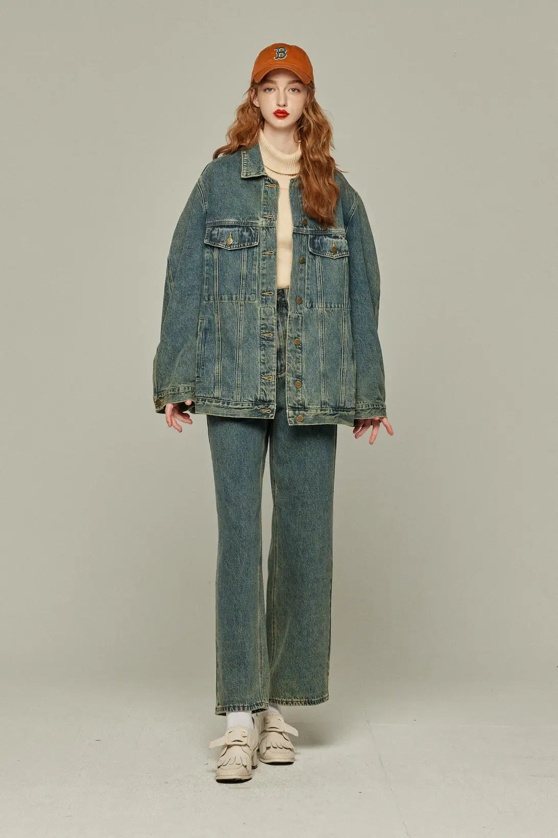 《Watching a soccer match》 High waist straight denim pants-Blue