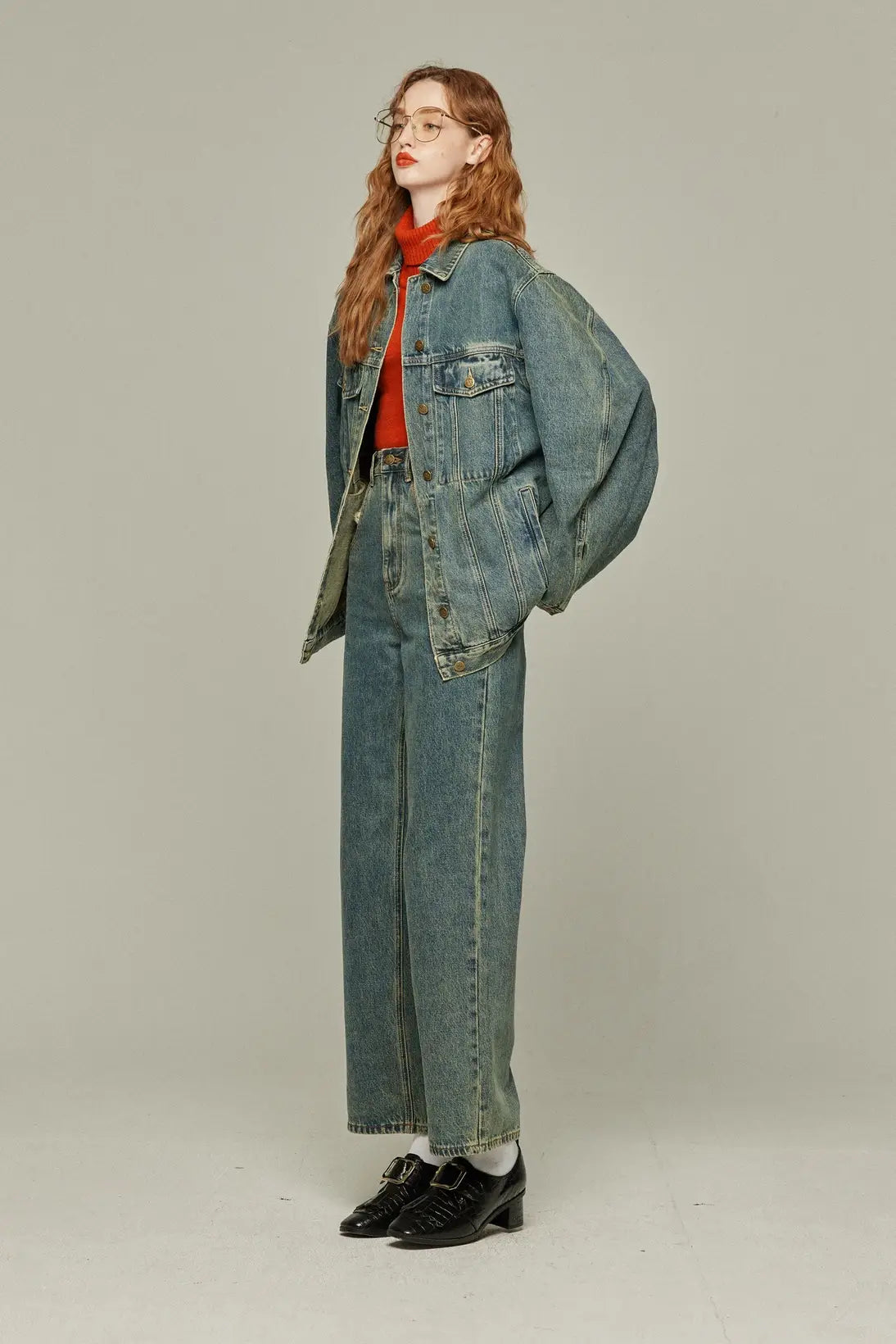 《Watching a soccer match》 High waist straight denim pants-Blue