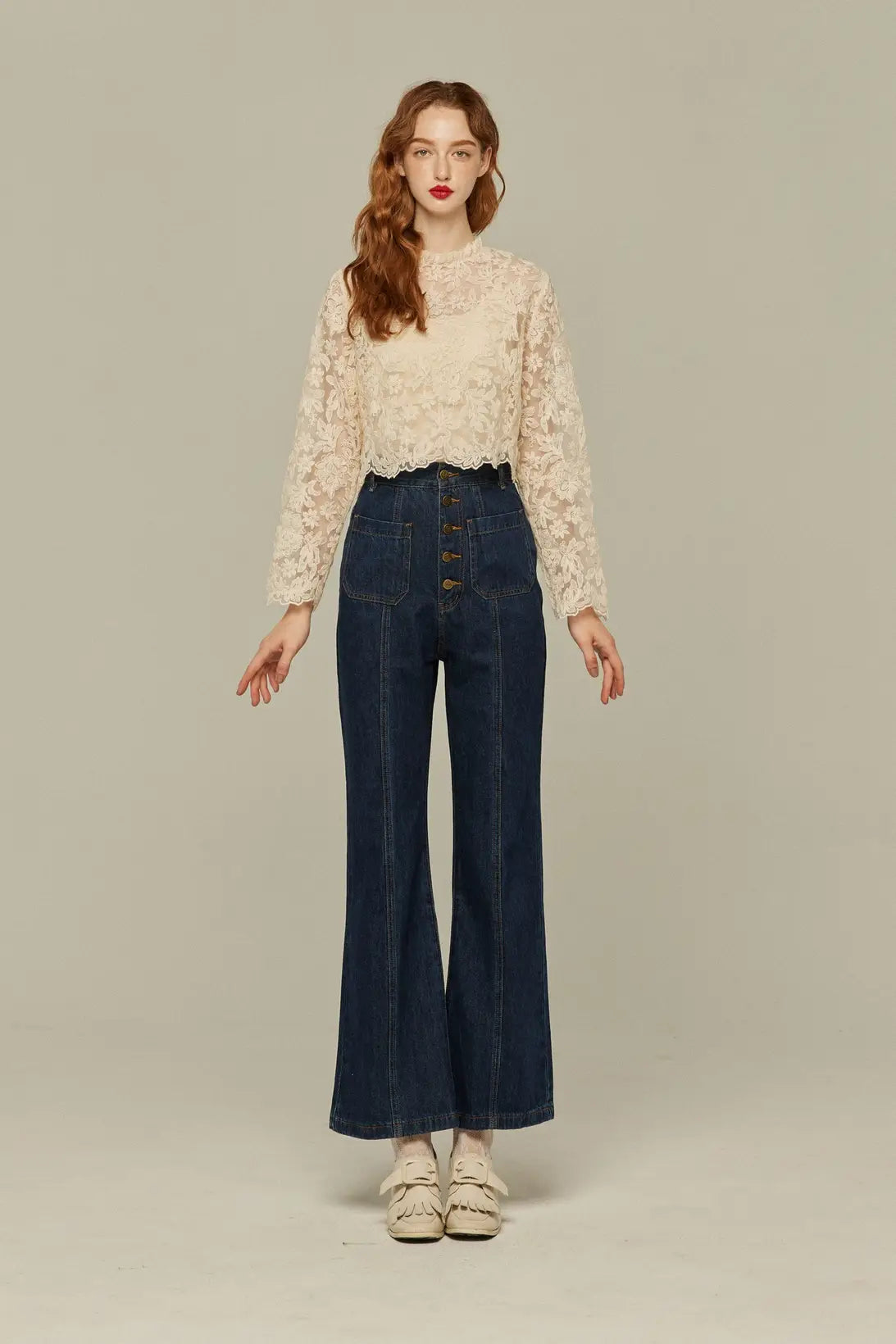 《Annie singing while taking a bath》 Front button high waist denim pants - Navy