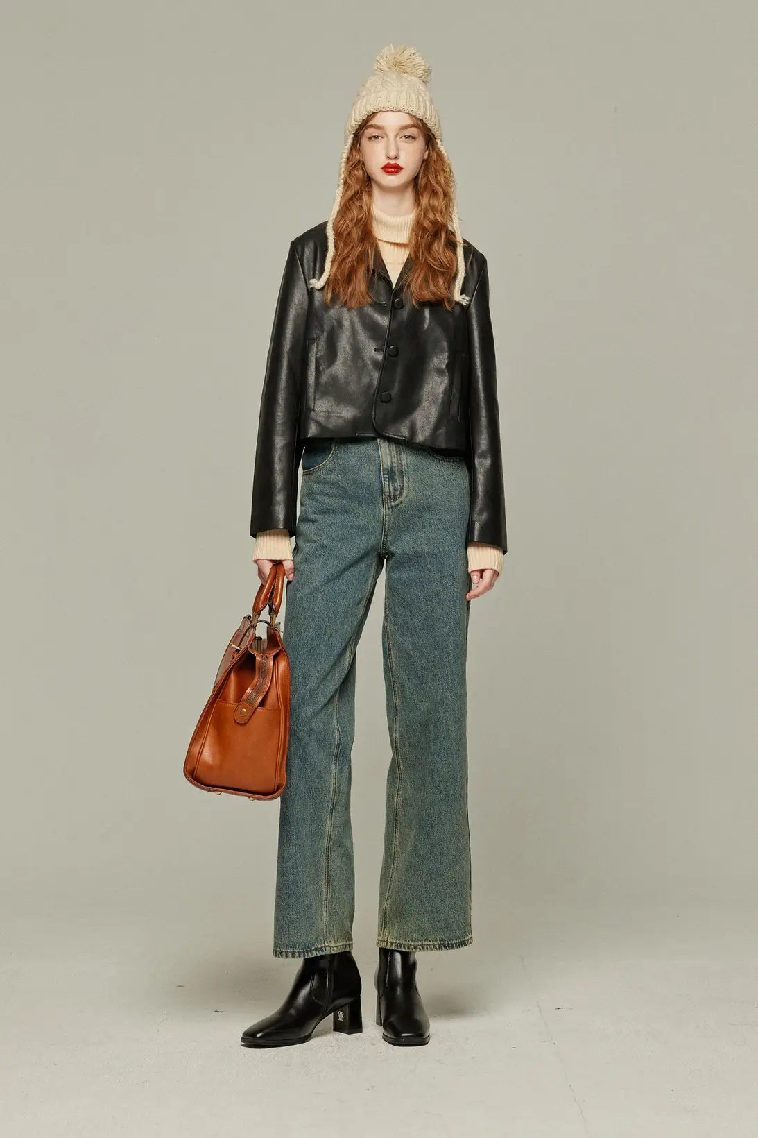 《Watching a soccer match》 High waist straight denim pants-Blue