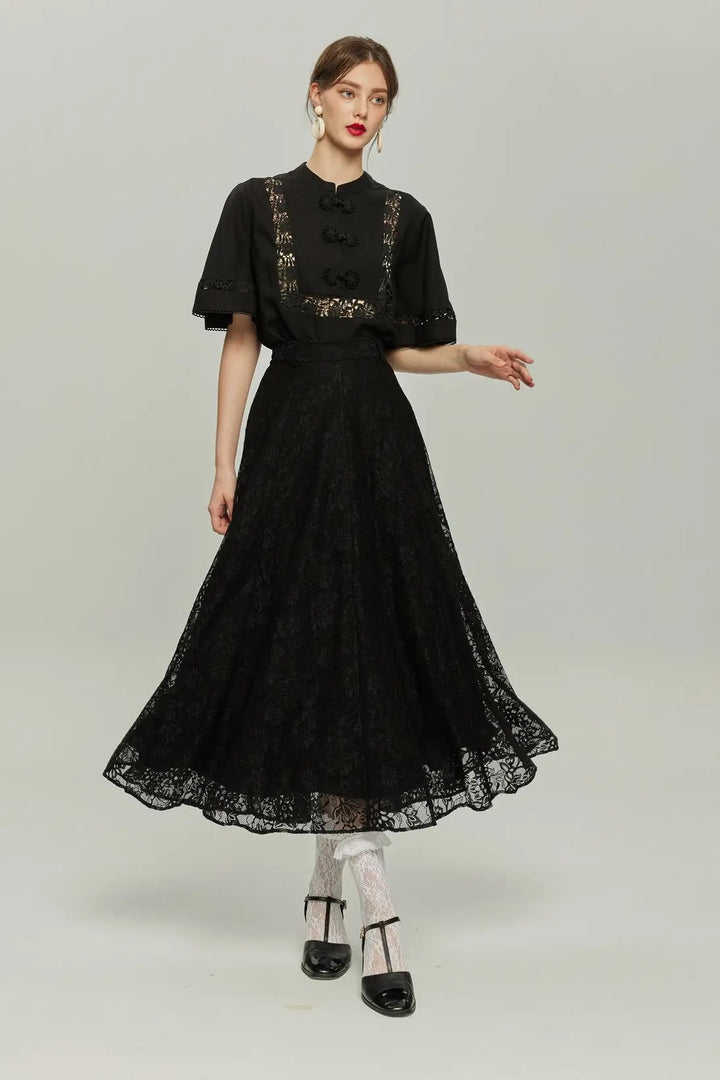 《不老不死の薬をください》チャイナバックルフレアスリーブトップス-Black