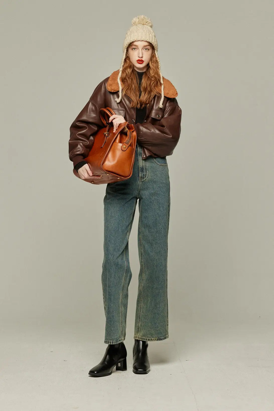 《Watching a soccer match》 High waist straight denim pants-Blue