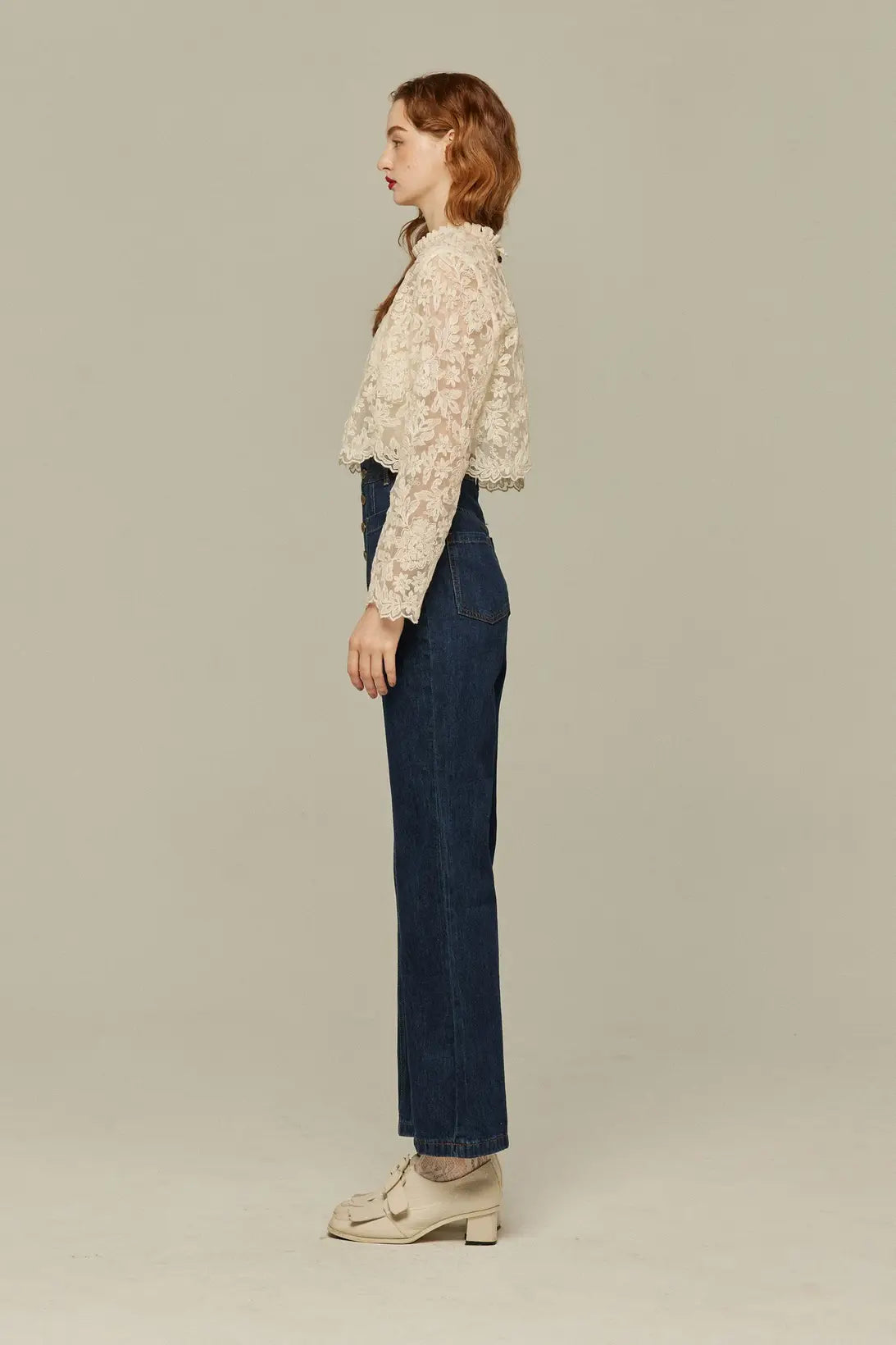 《Annie singing while taking a bath》 Front button high waist denim pants - Navy