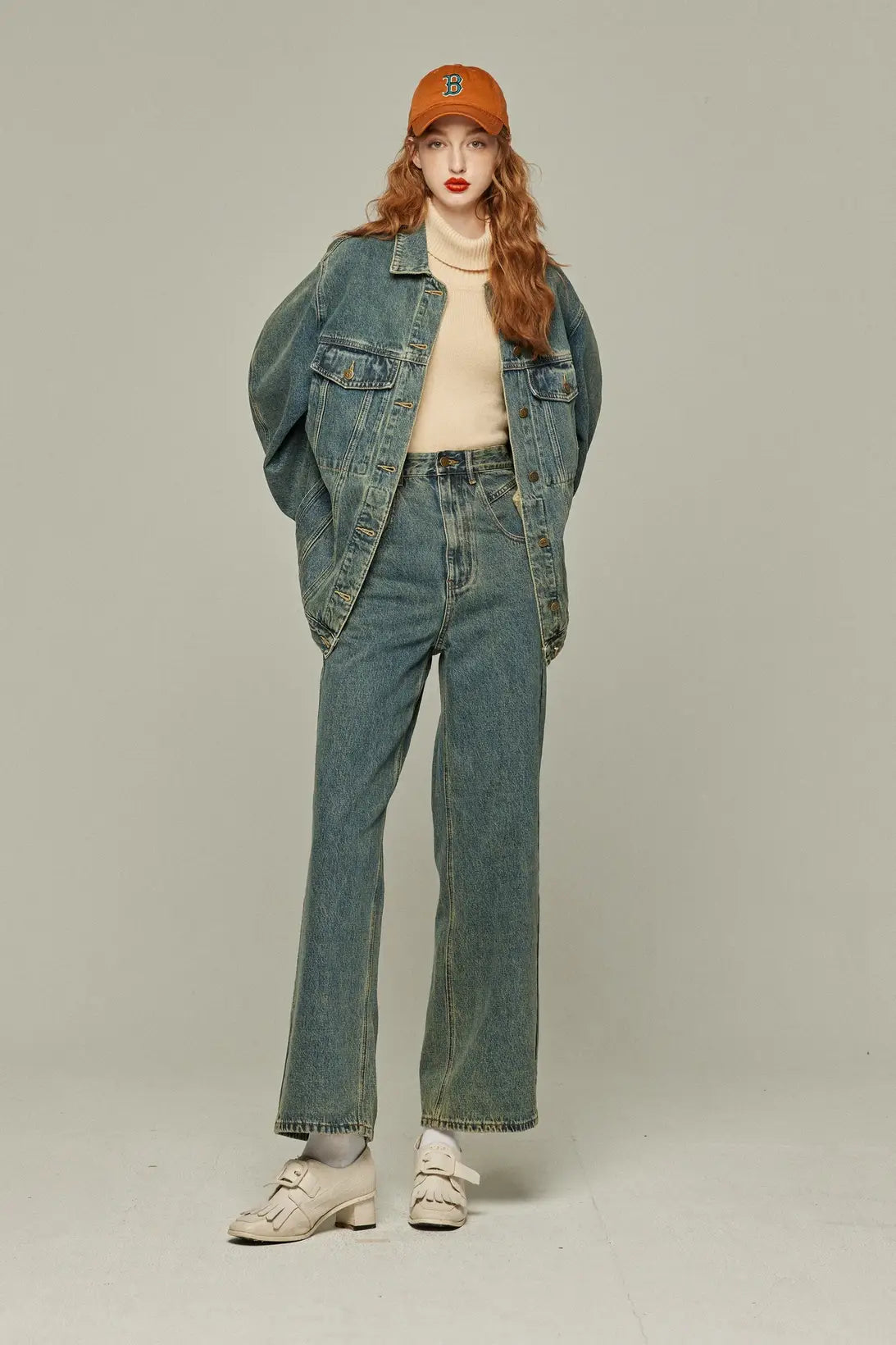 《Watching a soccer match》 High waist straight denim pants-Blue