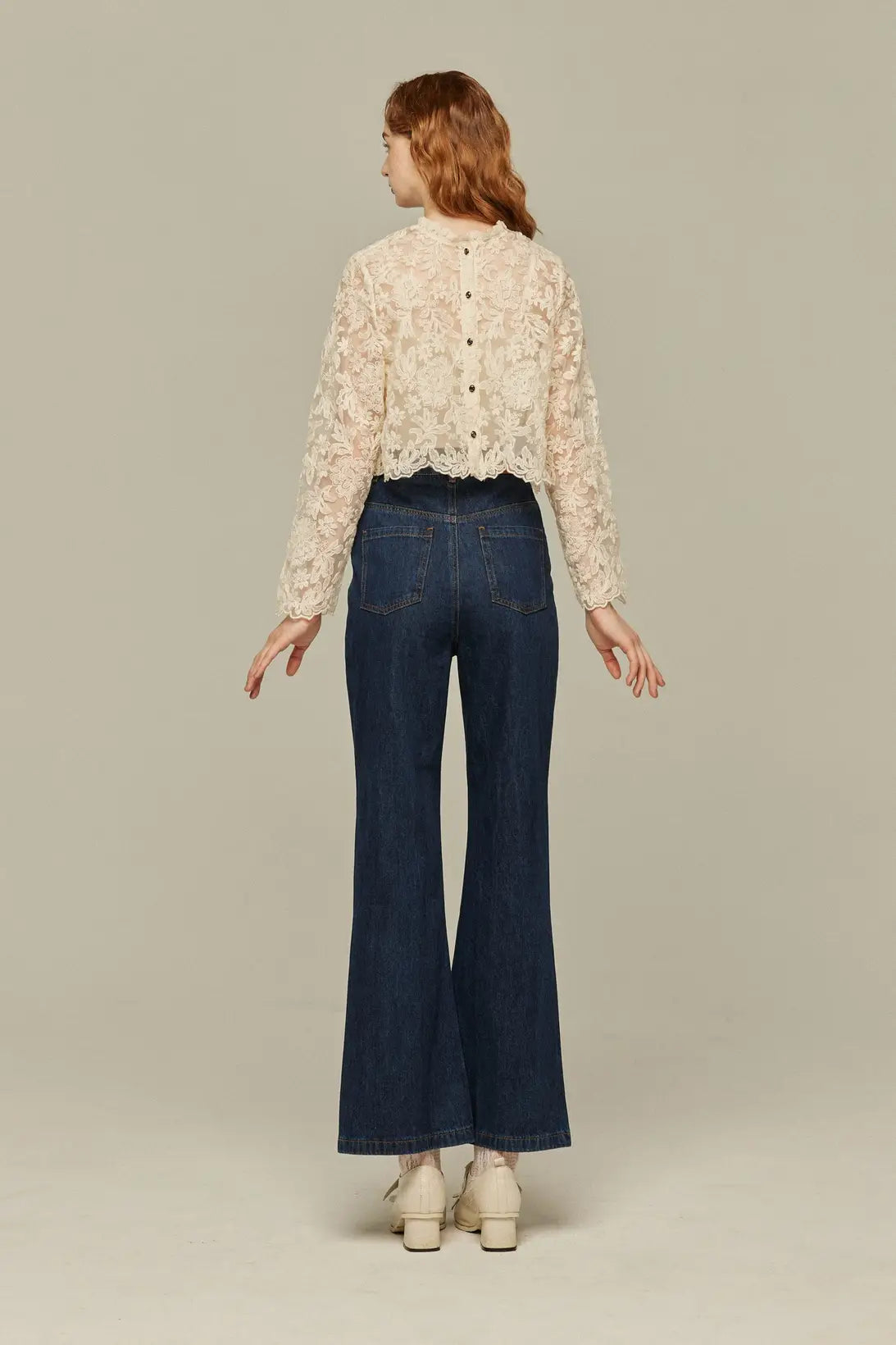 《Annie singing while taking a bath》 Front button high waist denim pants - Navy