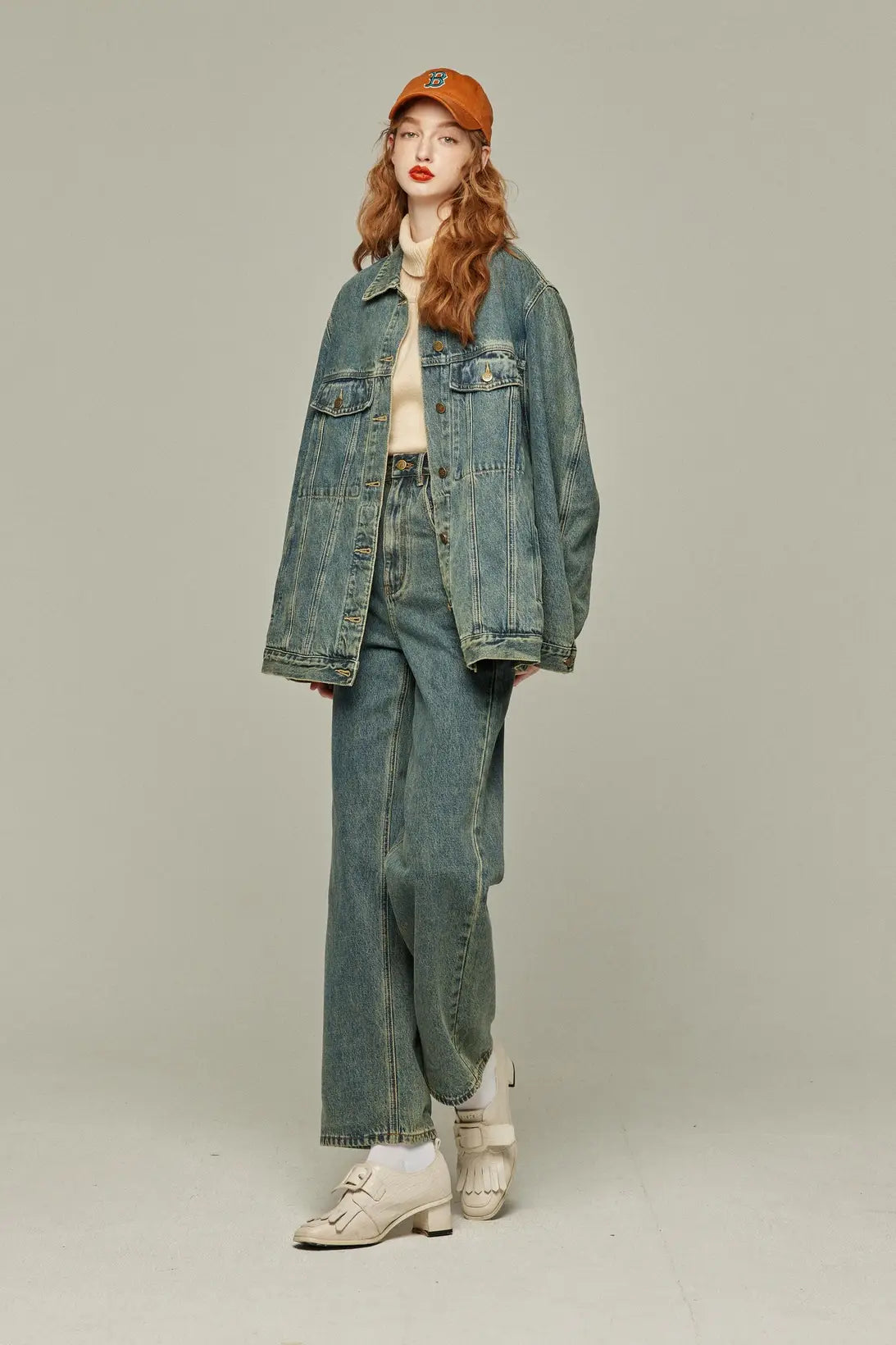 《Watching a soccer match》 High waist straight denim pants-Blue