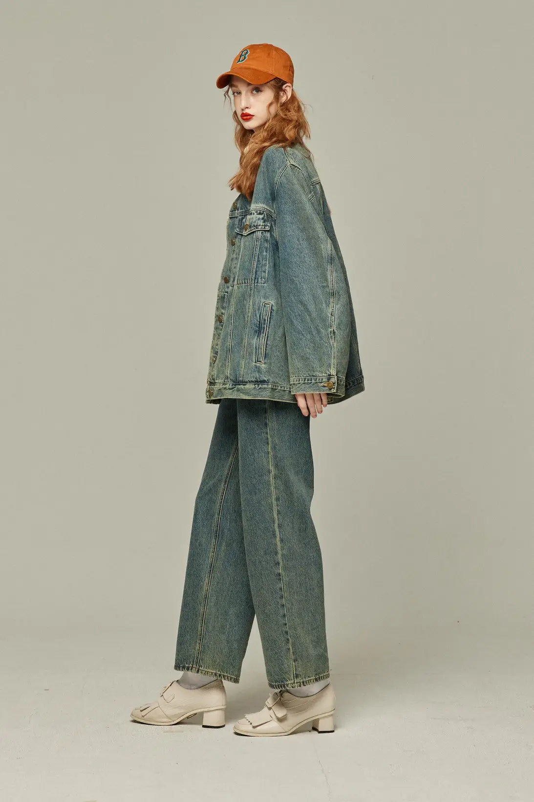 《Watching a soccer match》 High waist straight denim pants-Blue