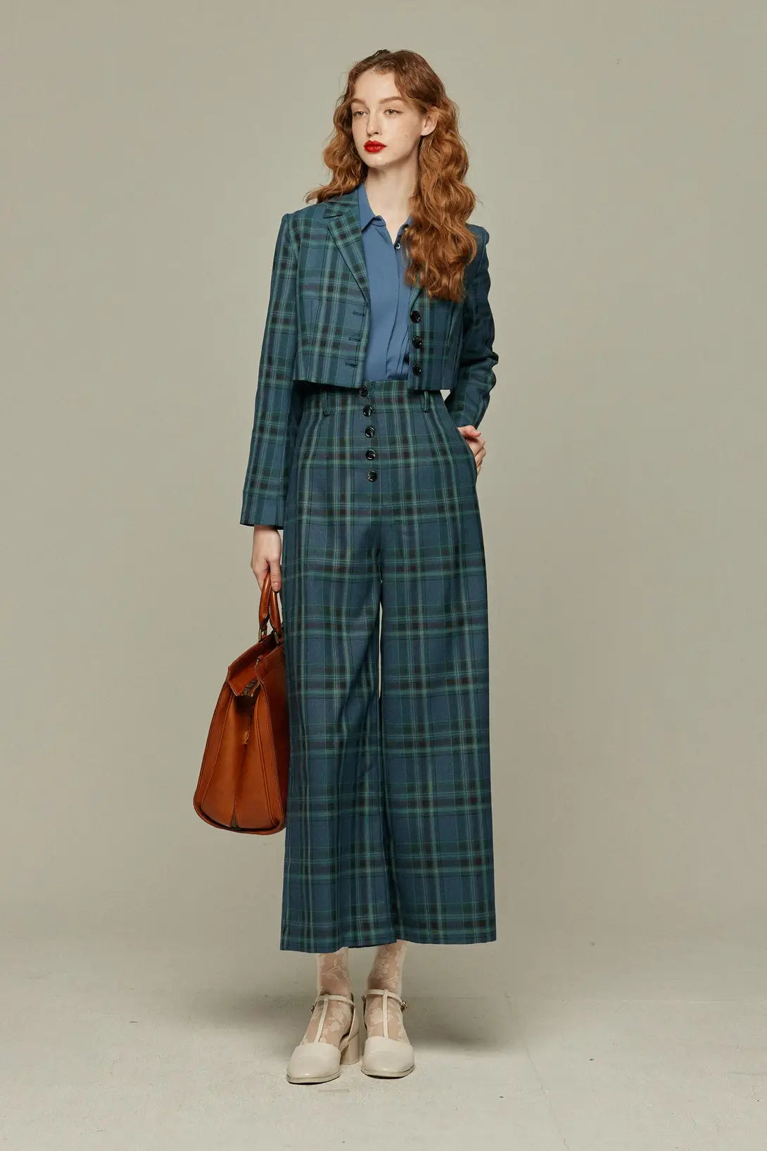 《Bumping into Paul on the street》 High waist wide check pants-Blue green