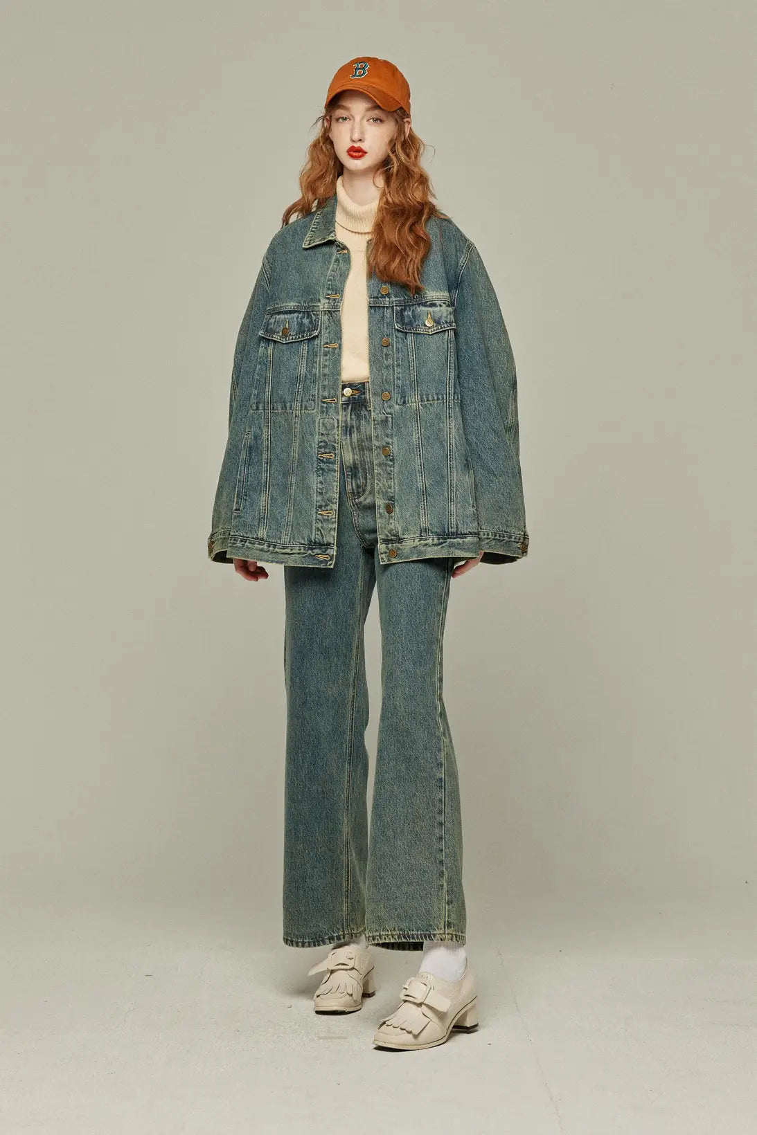 《Watching a soccer match》 High waist straight denim pants-Blue