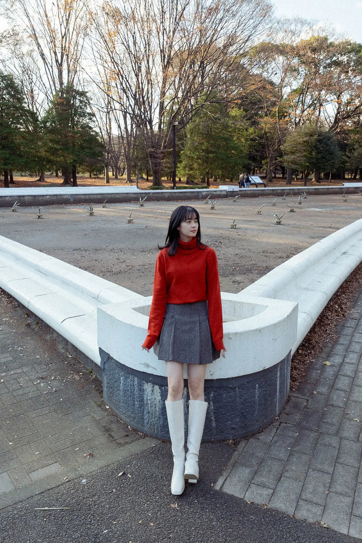 《袋いっぱい松ぼっくりを拾った》フロントプリーツハイウエストスカート-Gray