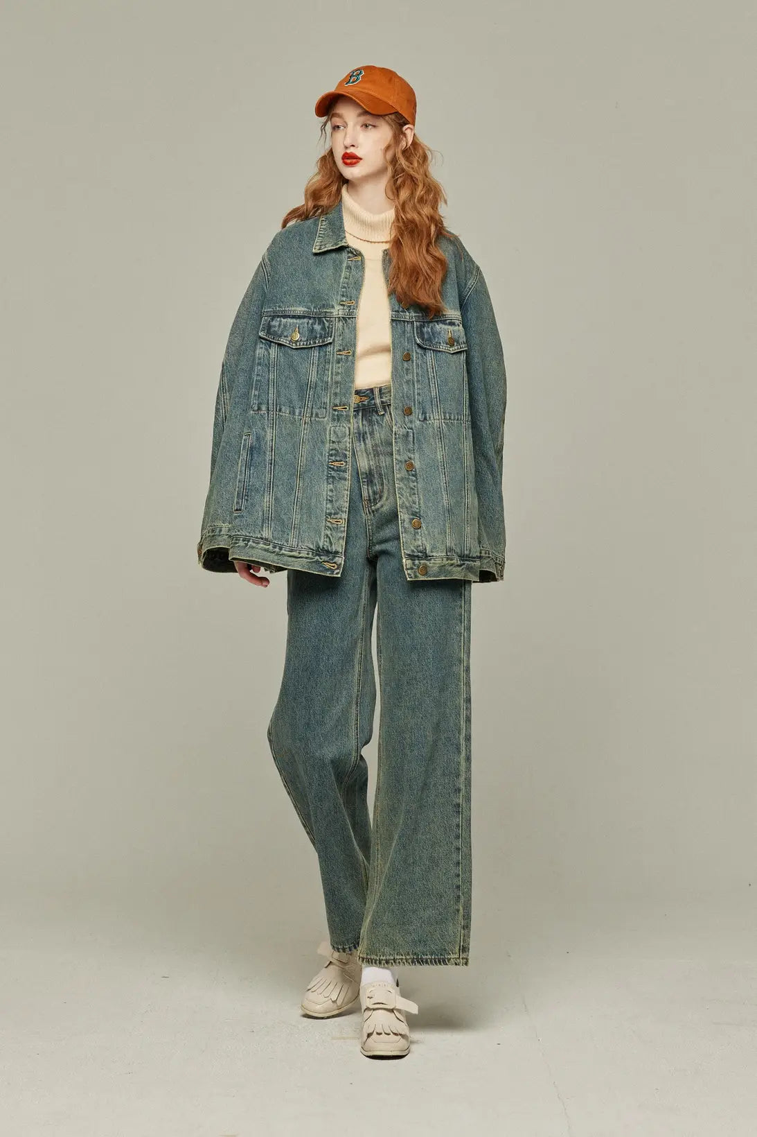 《Watching a soccer match》 High waist straight denim pants-Blue