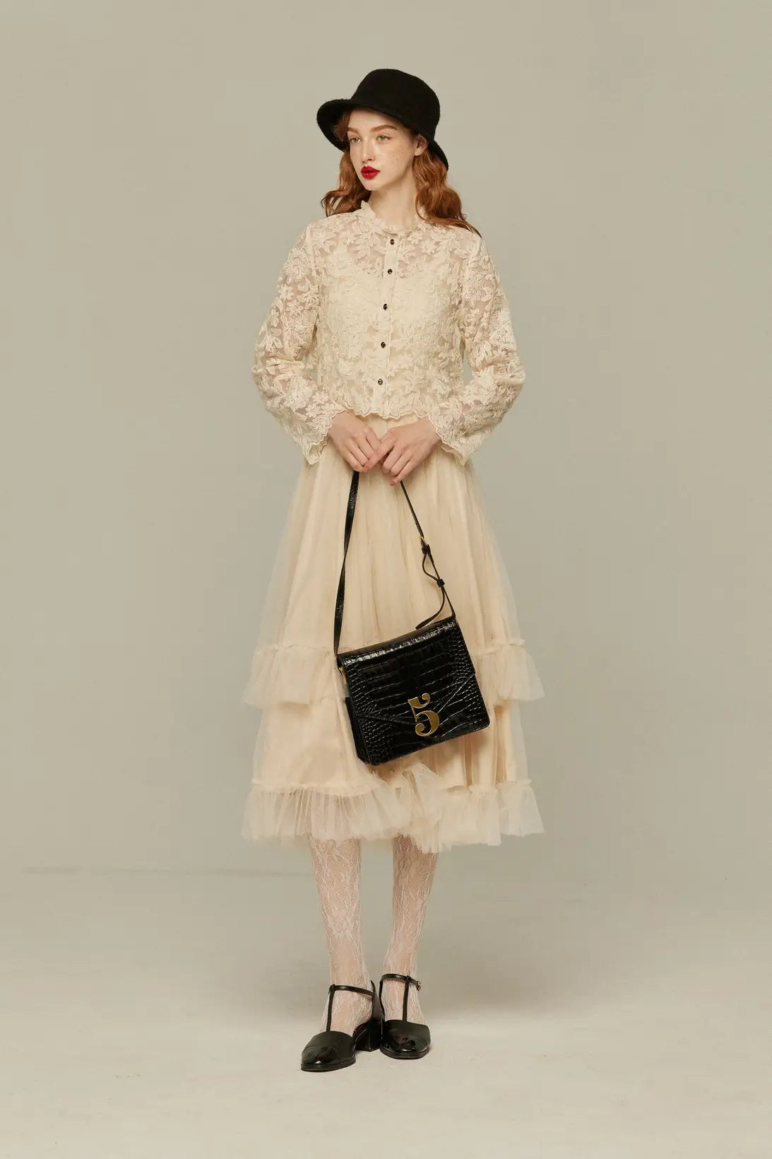 《Actually, I am 300 years old》 Tulle ruffle high waist flare skirt-Cream