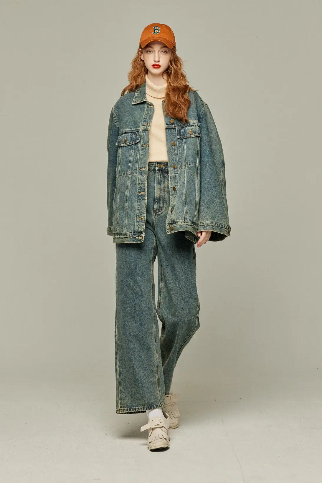《Watching a soccer match》 High waist straight denim pants-Blue
