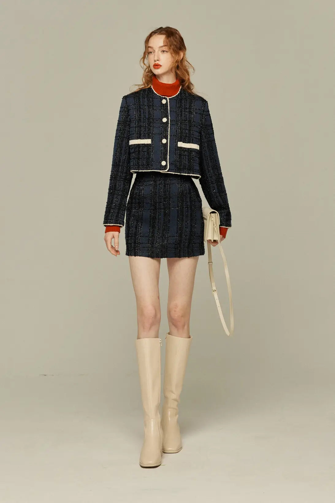 《I booked first class》Crop lame jacket-Navy