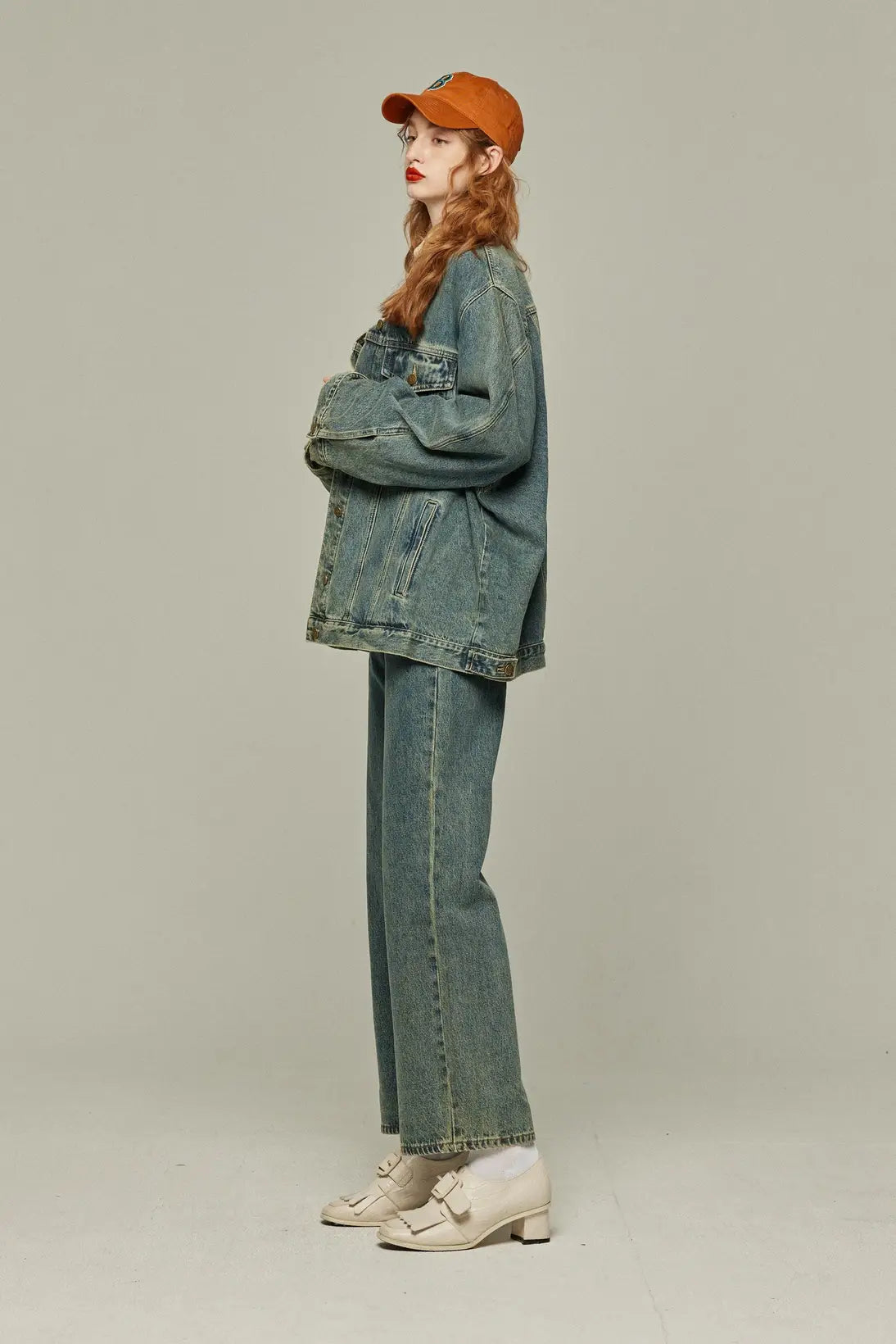 《Watching a soccer match》 High waist straight denim pants-Blue