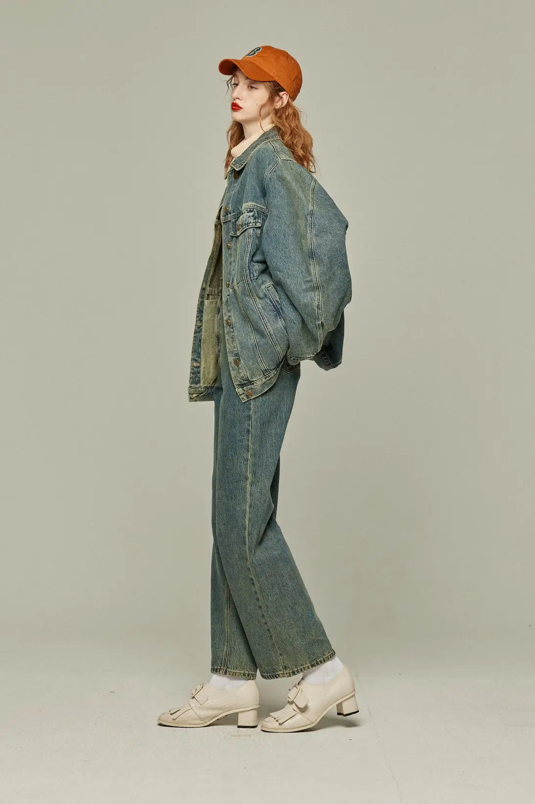 《Watching a soccer match》 High waist straight denim pants-Blue