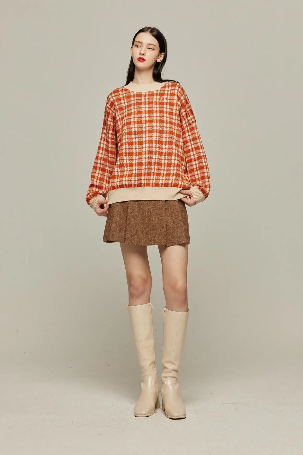 《Strawberry jam attached》Retro check sweater-Orange red