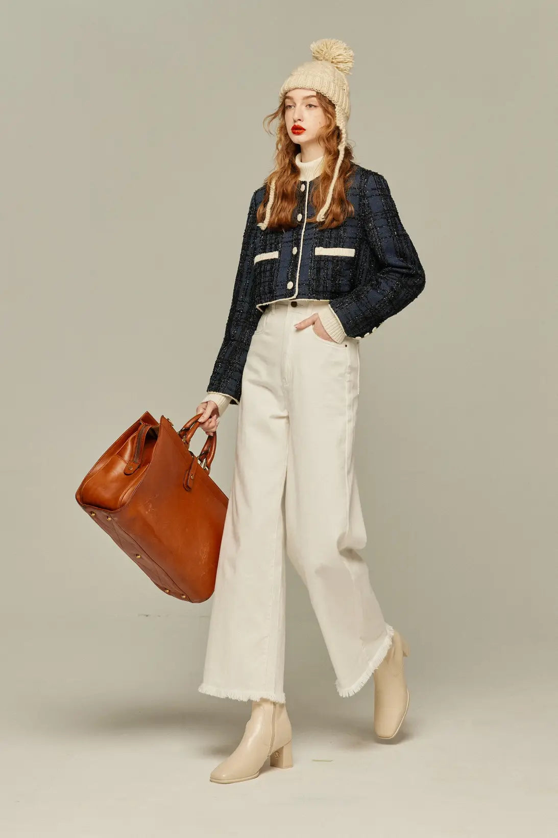 《I booked first class》Crop lame jacket-Navy