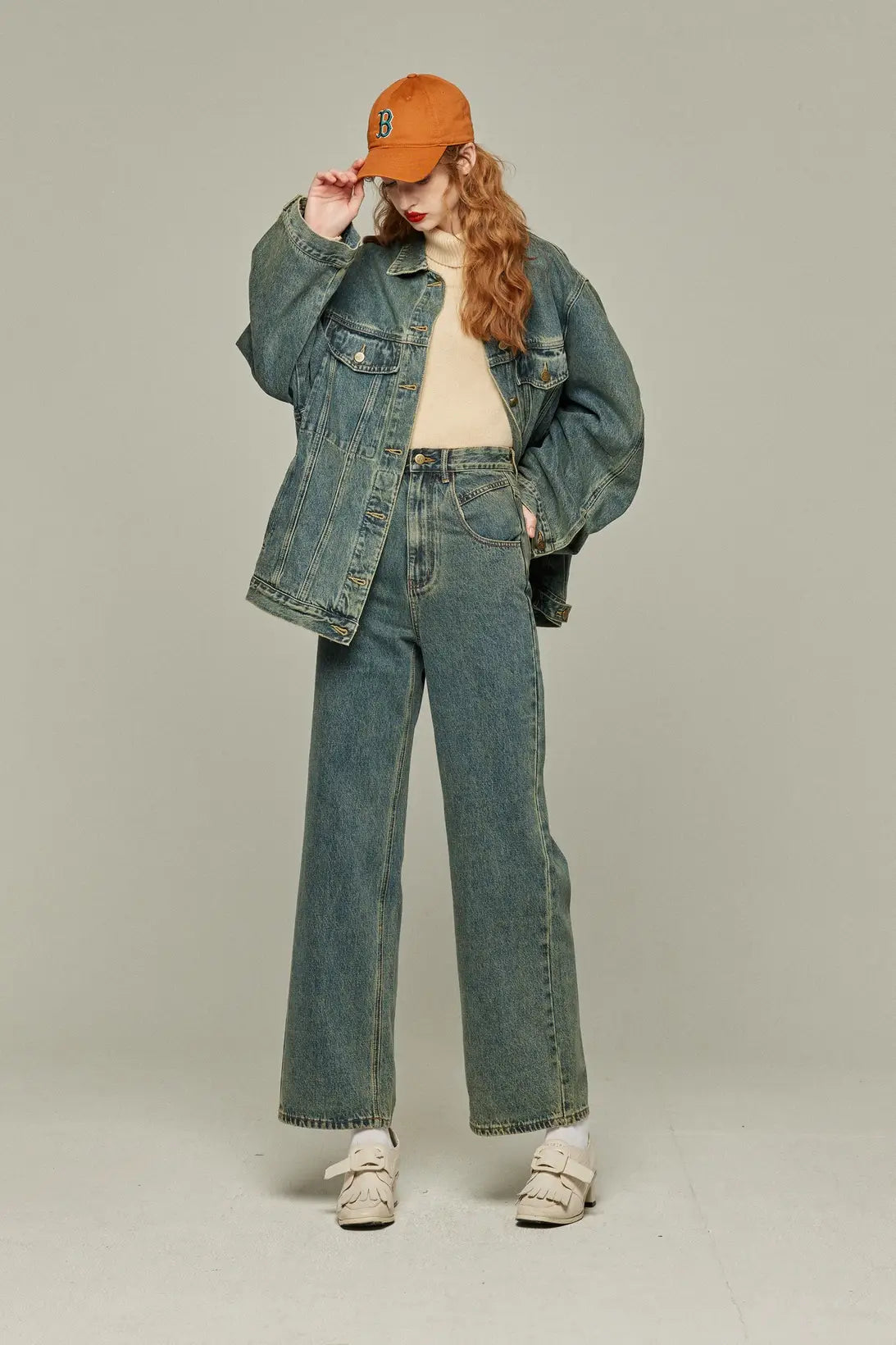 《Watching a soccer match》 High waist straight denim pants-Blue