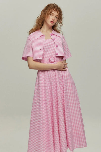 <tc>《이웃에게 잔디 깎는 기계를 빌렸다》깅엄 체크 벨트 플레어 원피스-Pink</tc>