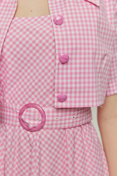 <tc>《이웃에게 잔디 깎는 기계를 빌렸다》깅엄 체크 벨트 플레어 원피스-Pink</tc>