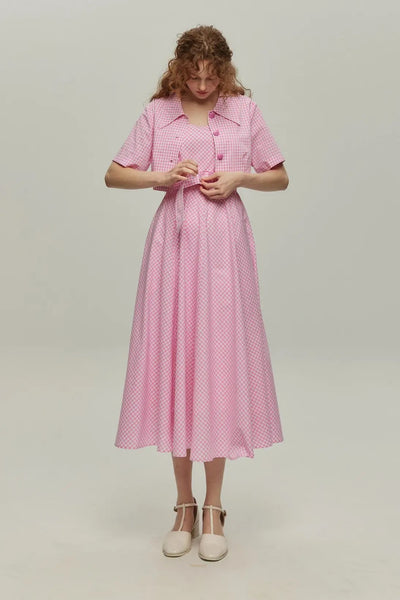 <tc>《이웃에게 잔디 깎는 기계를 빌렸다》깅엄 체크 벨트 플레어 원피스-Pink</tc>