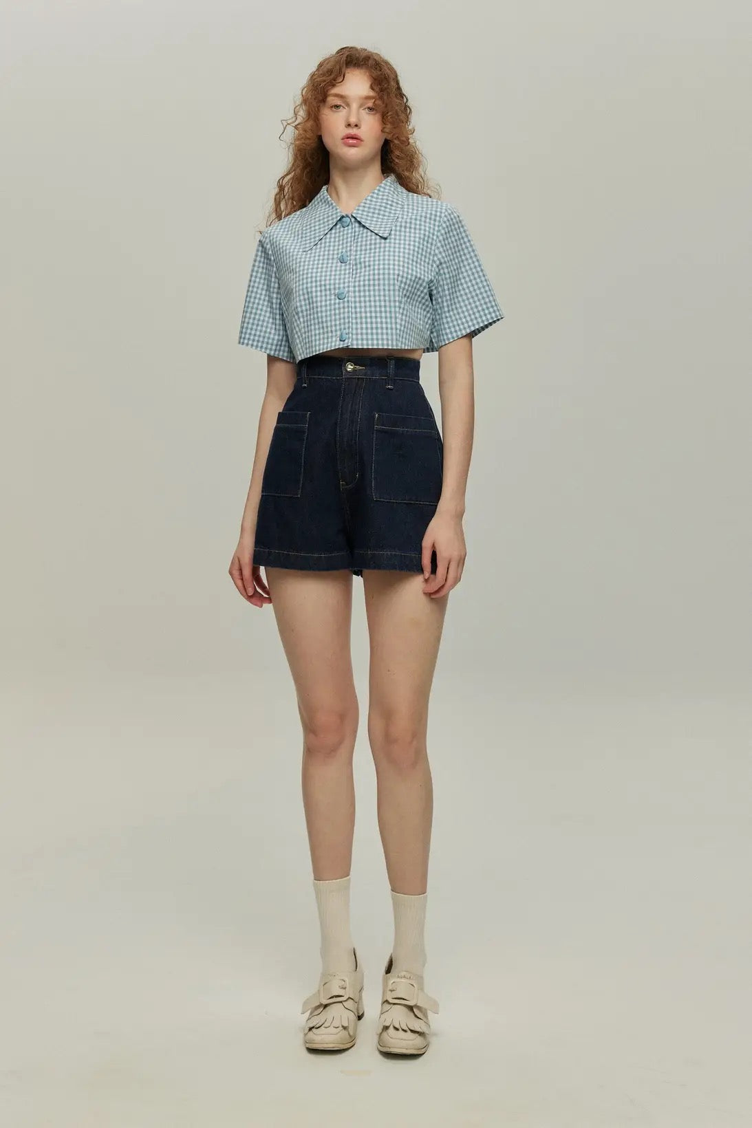 《Where can I find free sweets?》High waist short denim pants-Navy