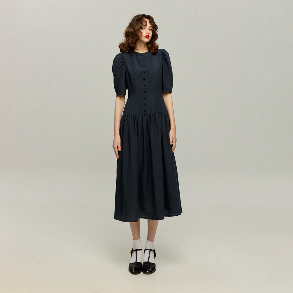 《お耳が長い動物って？》ハイウエストデザインドレス-Navy