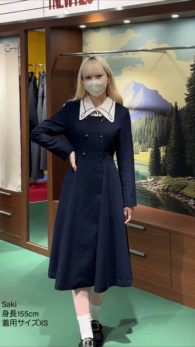 《いつもカウンターに座る彼女》ダブルブレストウールブレンドドレスコート-Navy