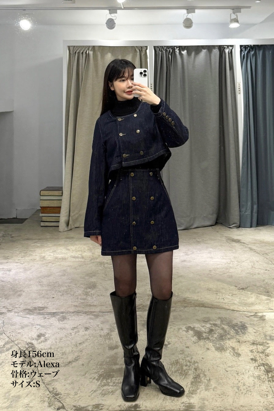 《私はもう殺し屋をやめたんだ》デニムダブルブレストトップス-Navy