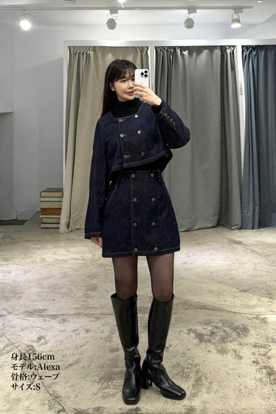 《私はもう殺し屋をやめたんだ》デニムダブルブレストトップス-Navy