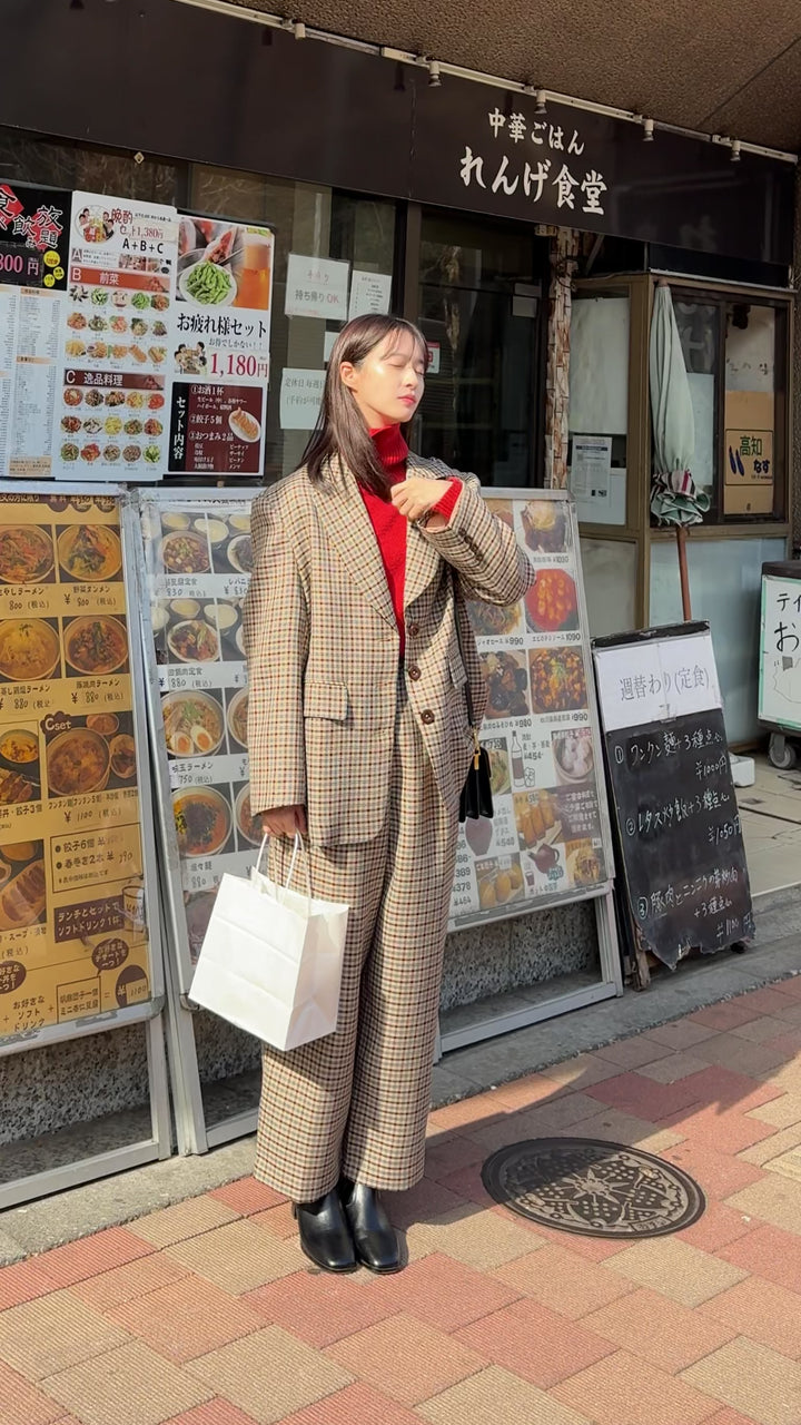 《テディベアの耳をちくちく直す》ハイウエストワイドチェックパンツ-Brown
