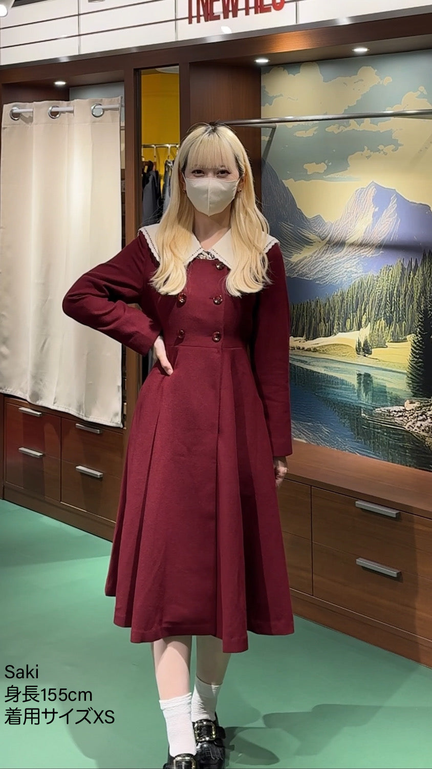 《いつもカウンターに座る彼女》ダブルブレストウールブレンドドレスコート-Wine red
