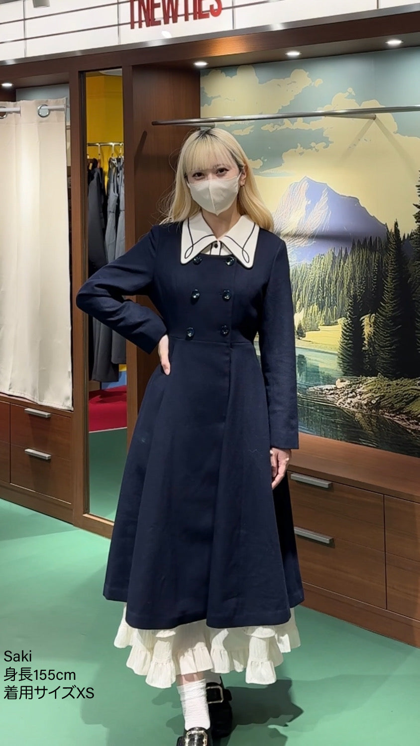 《いつもカウンターに座る彼女》ダブルブレストウールブレンドドレスコート-Navy