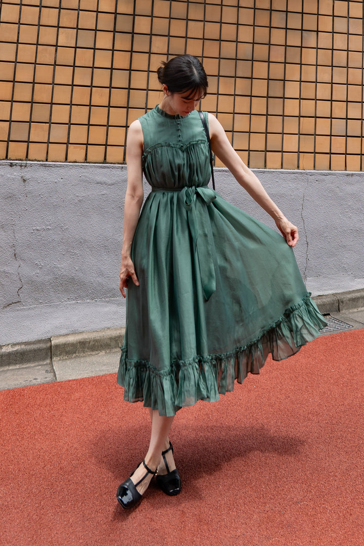 《キラキラ輝く湖面に》ラッフルトリムドレス-Dark green