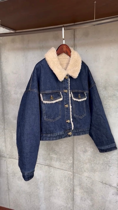 《犬のバルーンアート》ボアデニムジャケット-Navy