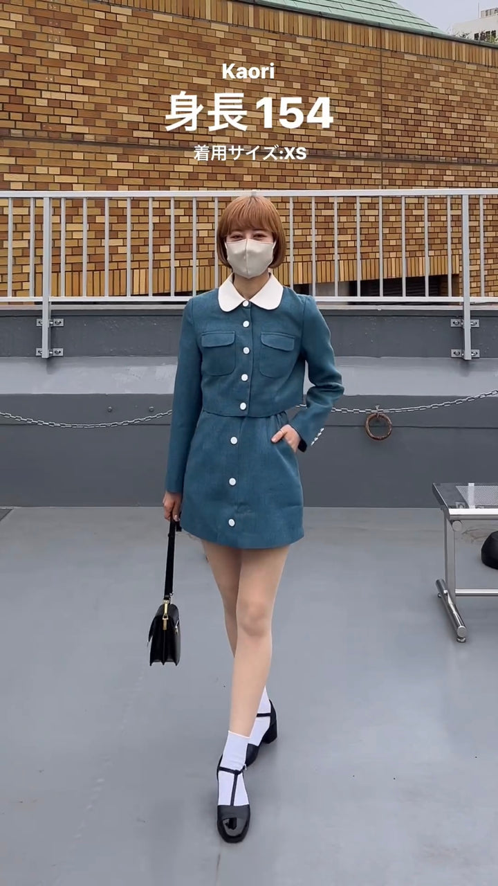 《Handy with a Knife and Fork》 High waist short skirt-Blue