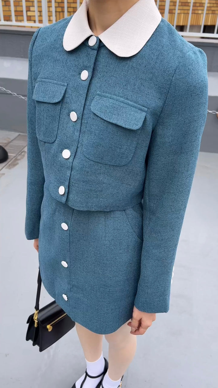 《Handy with a Knife and Fork》 High waist short skirt-Blue