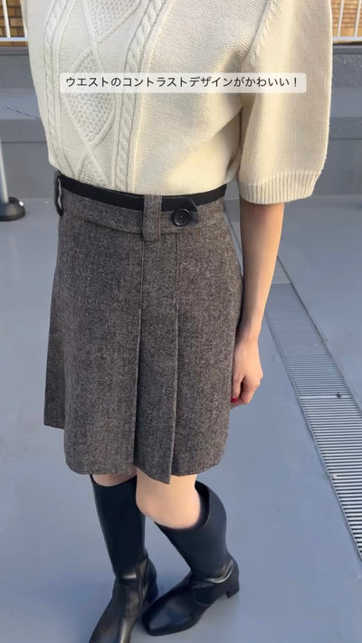 《袋いっぱい松ぼっくりを拾った》フロントプリーツハイウエストスカート-Gray