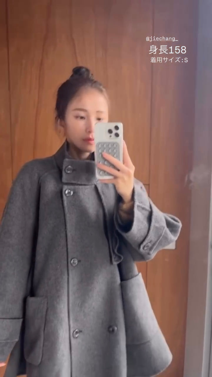 《Are you eating frozen food again? 》2way collar wool blend coat-Gray